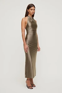 Stretch Satin Halter Maxi Dress