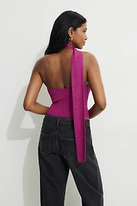 Haut côtelé métallique à col foulard et épaule unique