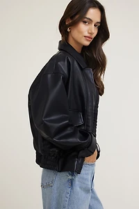 Oversized Faux Leather Aviator Jacket