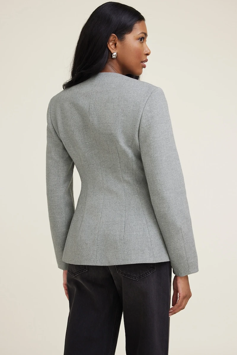 Pleated Collarless Flannel Blazer