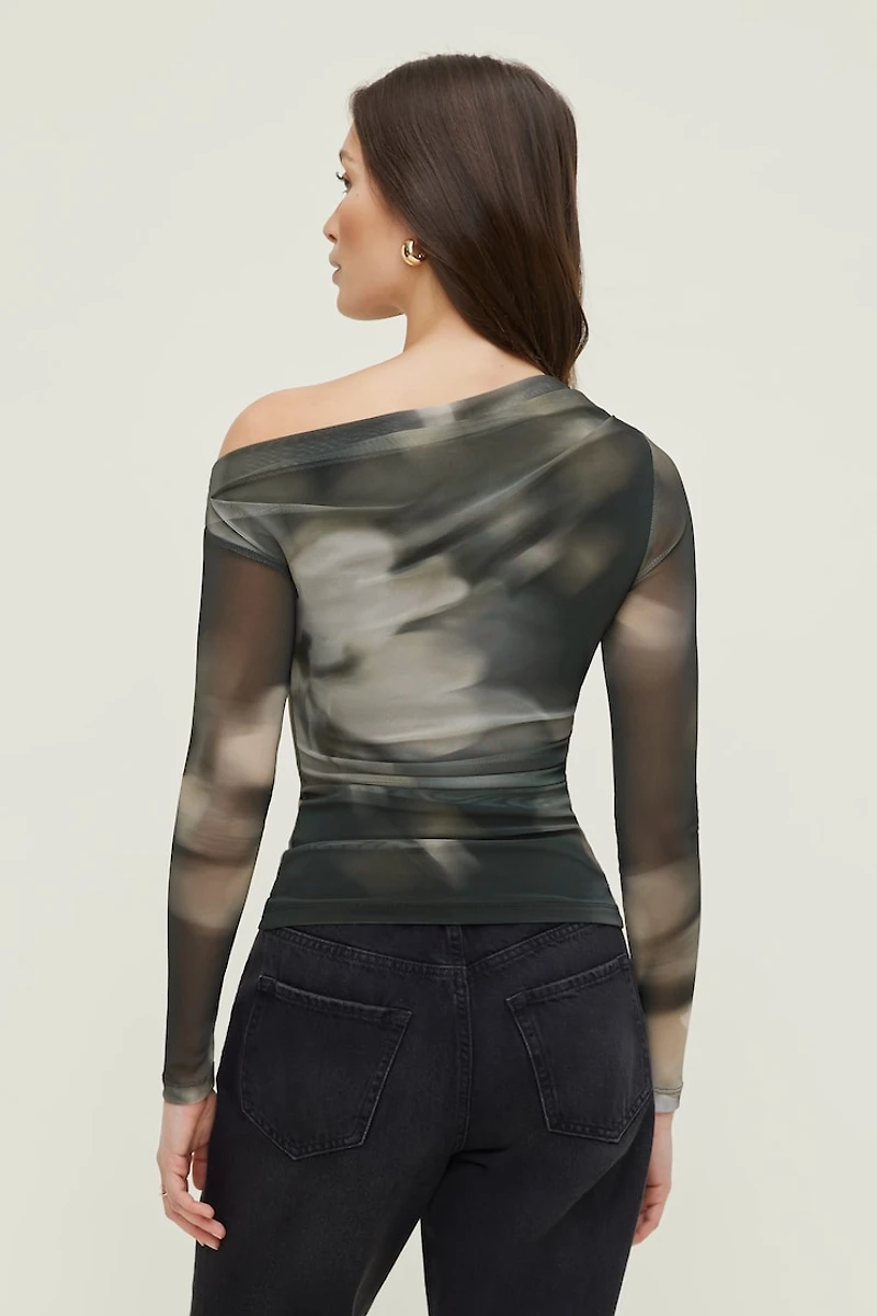 Cleo Printed Mesh Long Sleeve Top.