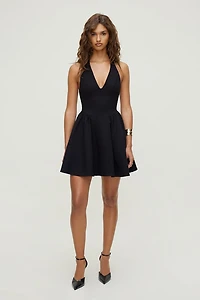 Plunging Flared Ponte Mini Dress