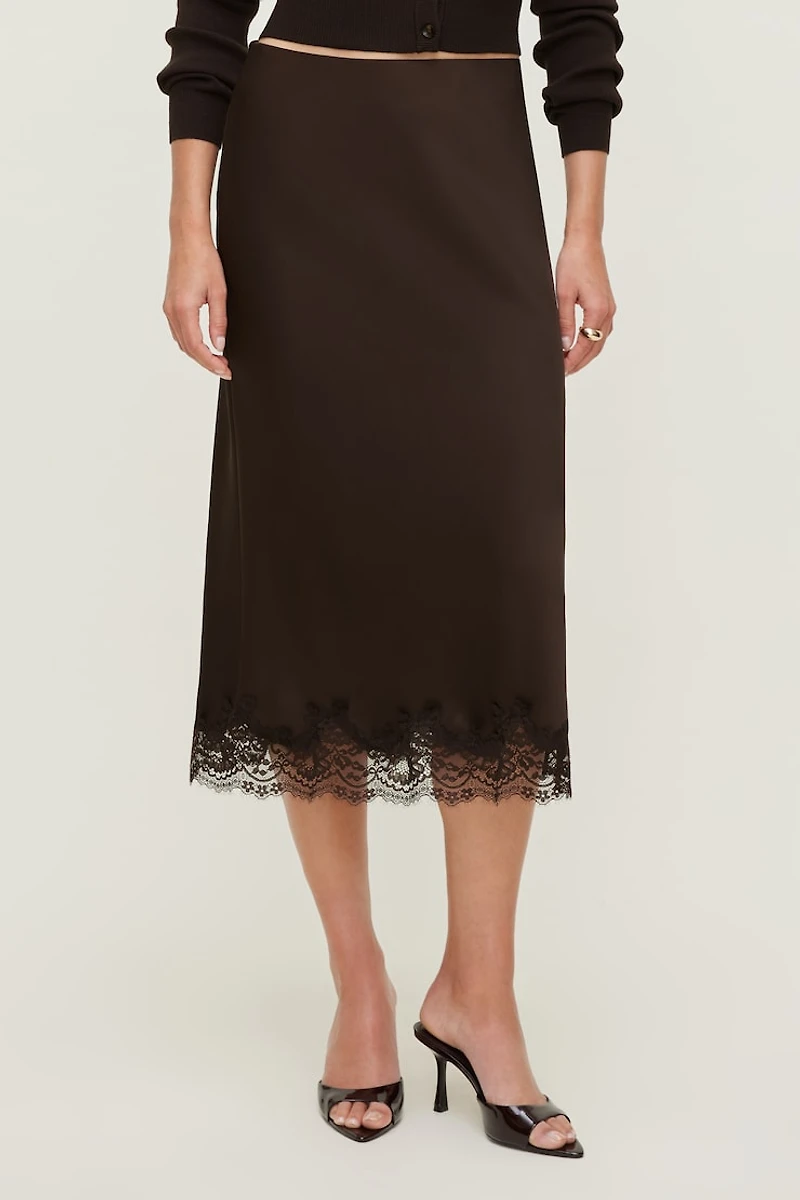 Jupe midi en satin et dentelle