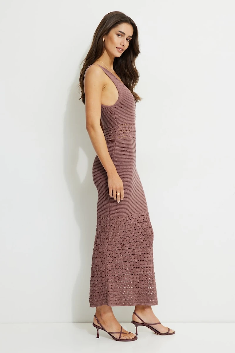 Crocheted V Neck Maxi Sweater Dress