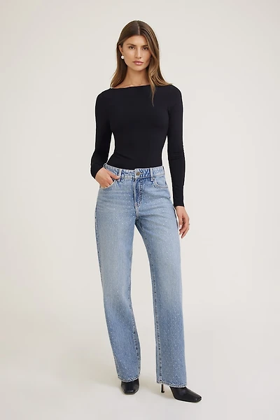 Mika Rhinestone Mid Rise Relaxed Straight Leg Jeans
