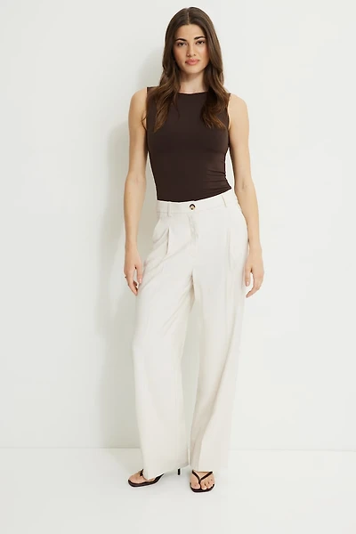 Pleated Straight Leg Twill Pants