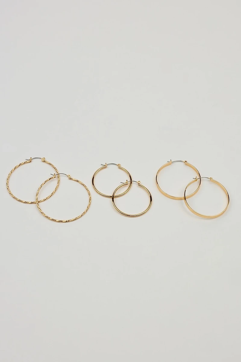 3 Pack Smooth & Textured Hoop Earrings