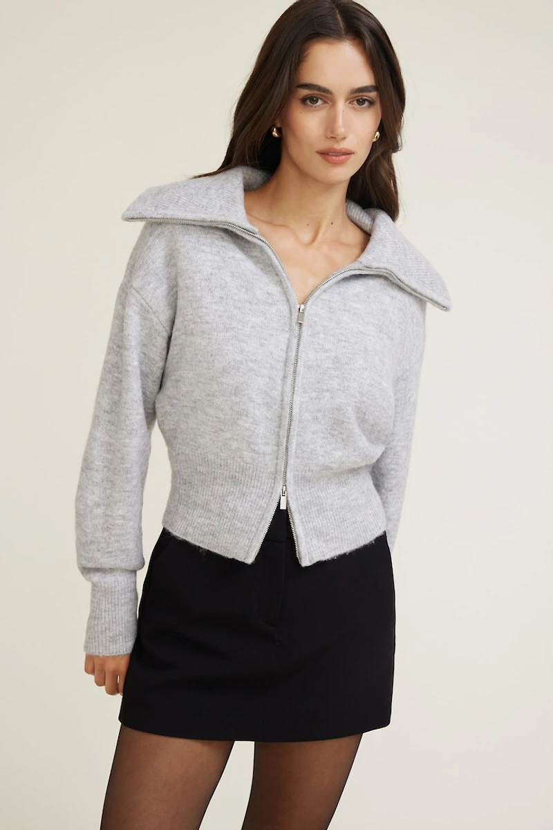 Wide Collar Zip Up Cardigan