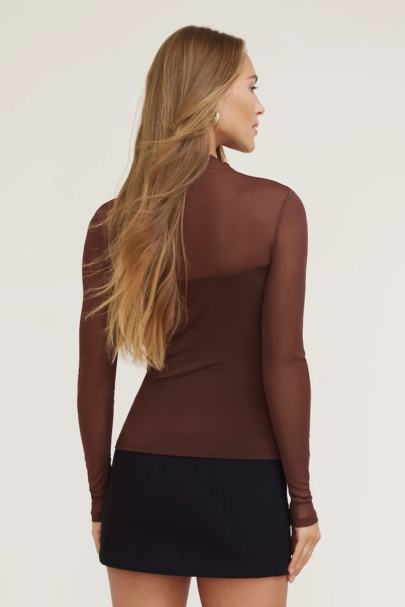Long Sleeve Mesh Sheer Cowl Top