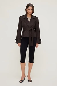 Cropped Faux Suede Trench Coat