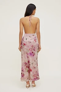 Floral Halter Cowl Neck Maxi Dress