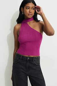 Ribbed Metallic Single Shoulder Scarf Top