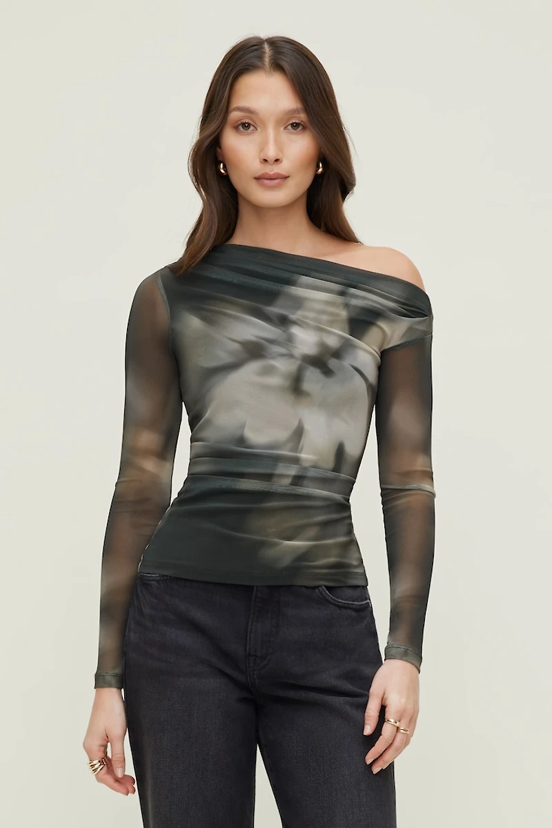 Cleo Printed Mesh Long Sleeve Top.