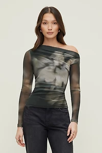 Cleo Printed Mesh Long Sleeve Top.