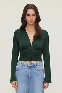 Draped V Neck Satin Blouse