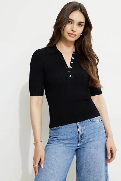 Ribbed Quarter Sleeve Polo Sweater