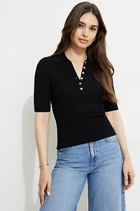 Ribbed Quarter Sleeve Polo Sweater