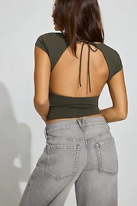 Crew Neck Open Back Short Sleeve Top