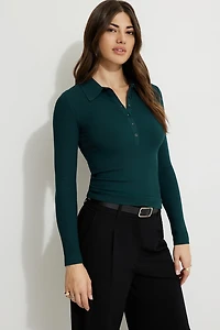 Ribbed Long Sleeve Polo Top