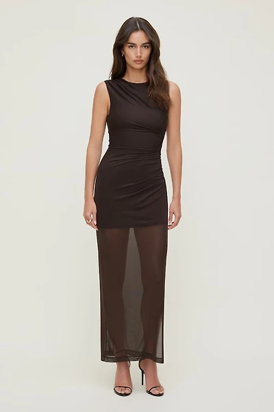 Sheer Shirred Mesh Maxi Dress