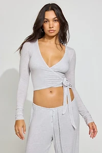 Sheer Ribbed Wrap Long Sleeve Top