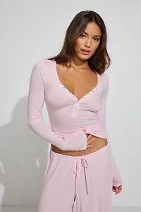 Sheer Ribbed Henley Long Sleeve Top