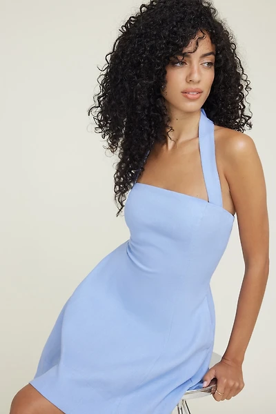 Flared Halter Linen Mini Dress
