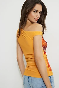 Printed Off Shoulder Mesh Top