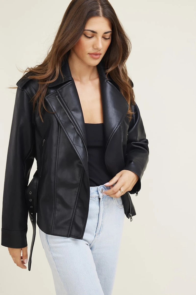Belted Faux Leather Moto Jacket