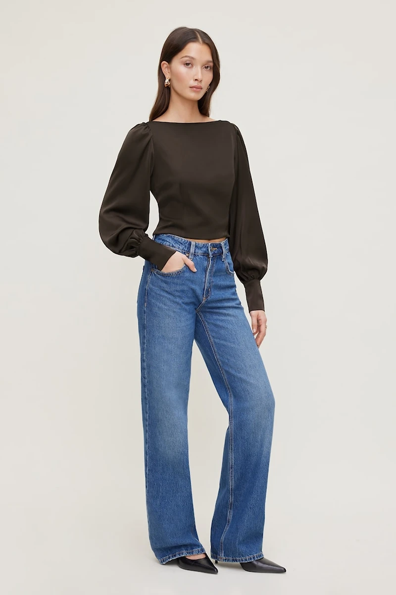 Faye Cropped Boat Neck Satin Blouse