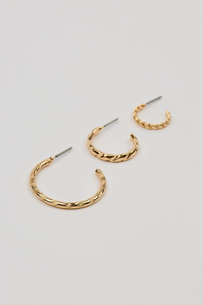 Set of 3 Textured Open Hoop Earrings