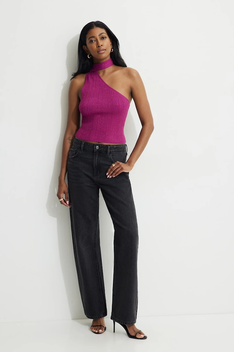 Haut côtelé métallique à col foulard et épaule unique