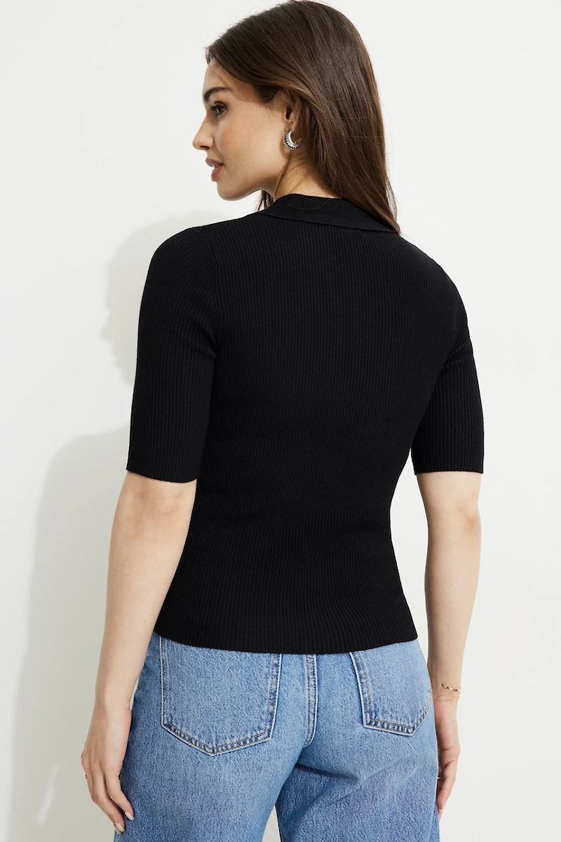 Ribbed Quarter Sleeve Polo Sweater