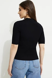 Ribbed Quarter Sleeve Polo Sweater