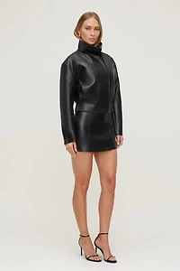 Cropped Faux Leather Bomber Jacket