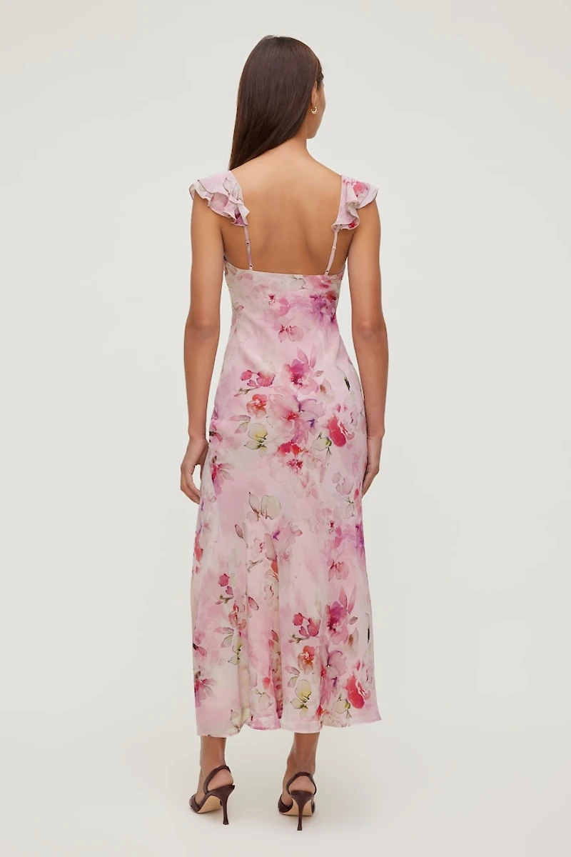 Floral Ruffle V Neck Maxi Dress
