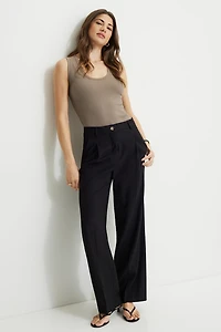 Pleated Straight Leg Twill Pants