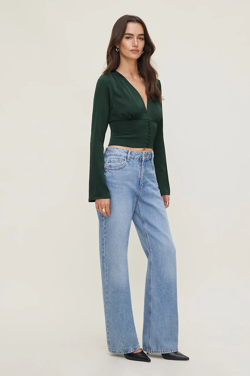 Draped V Neck Satin Blouse