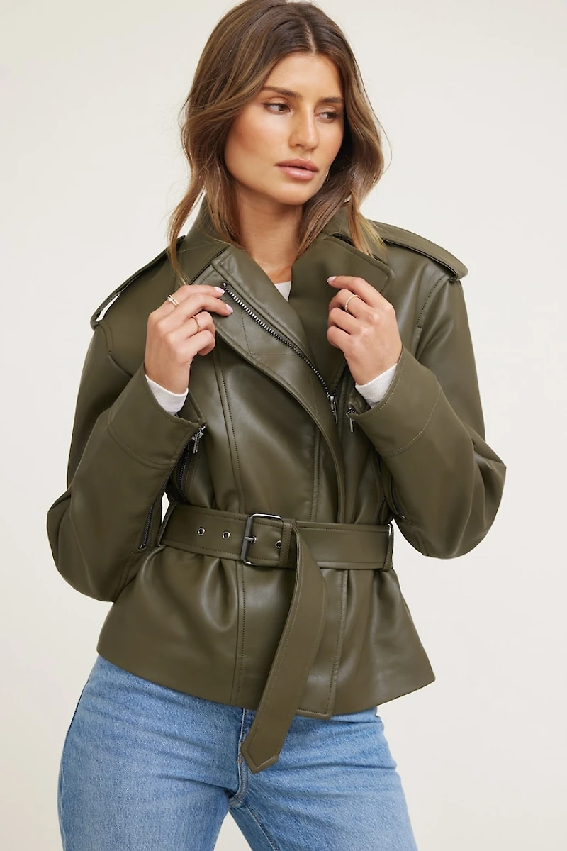 Belted Faux Leather Moto Jacket