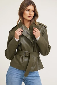 Belted Faux Leather Moto Jacket