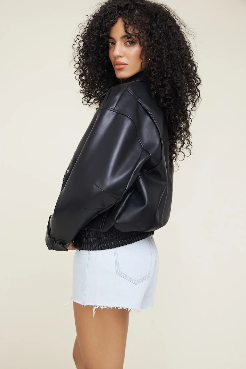 Oversized Faux Leather Aviator Jacket