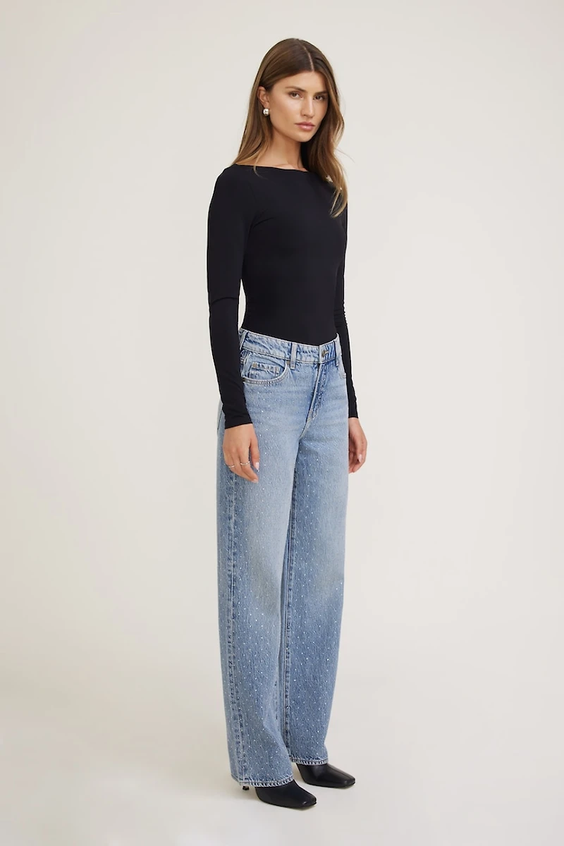 Mika Rhinestone Mid Rise Relaxed Straight Leg Jeans