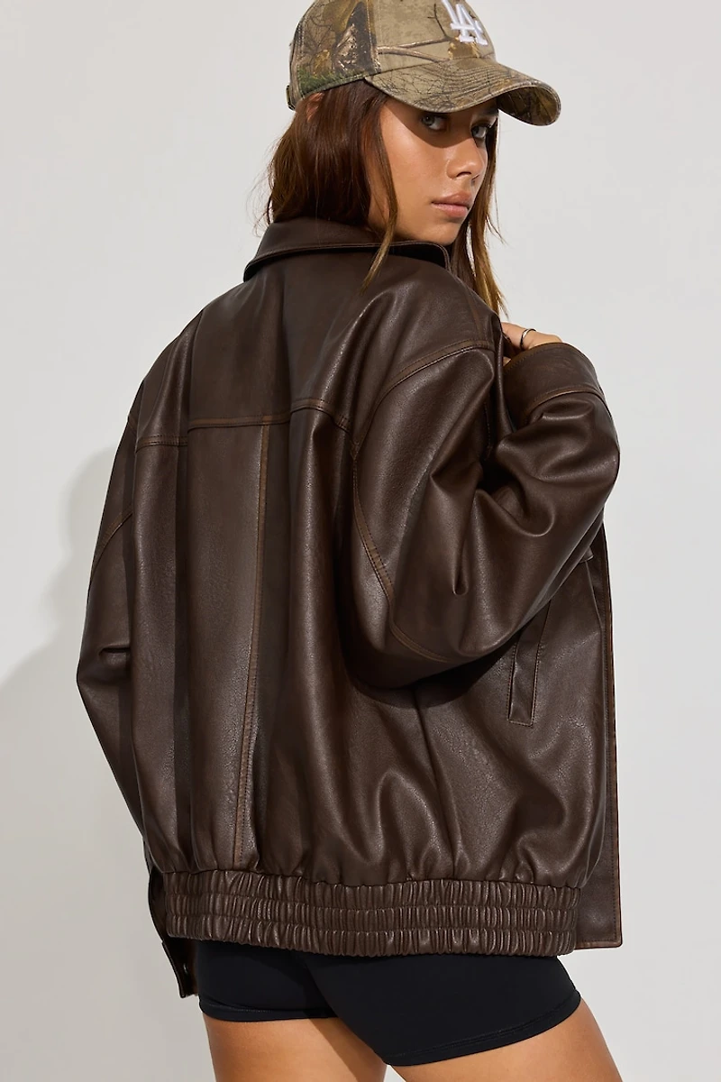 Oversized Faux Leather Stand Collar Bomber
