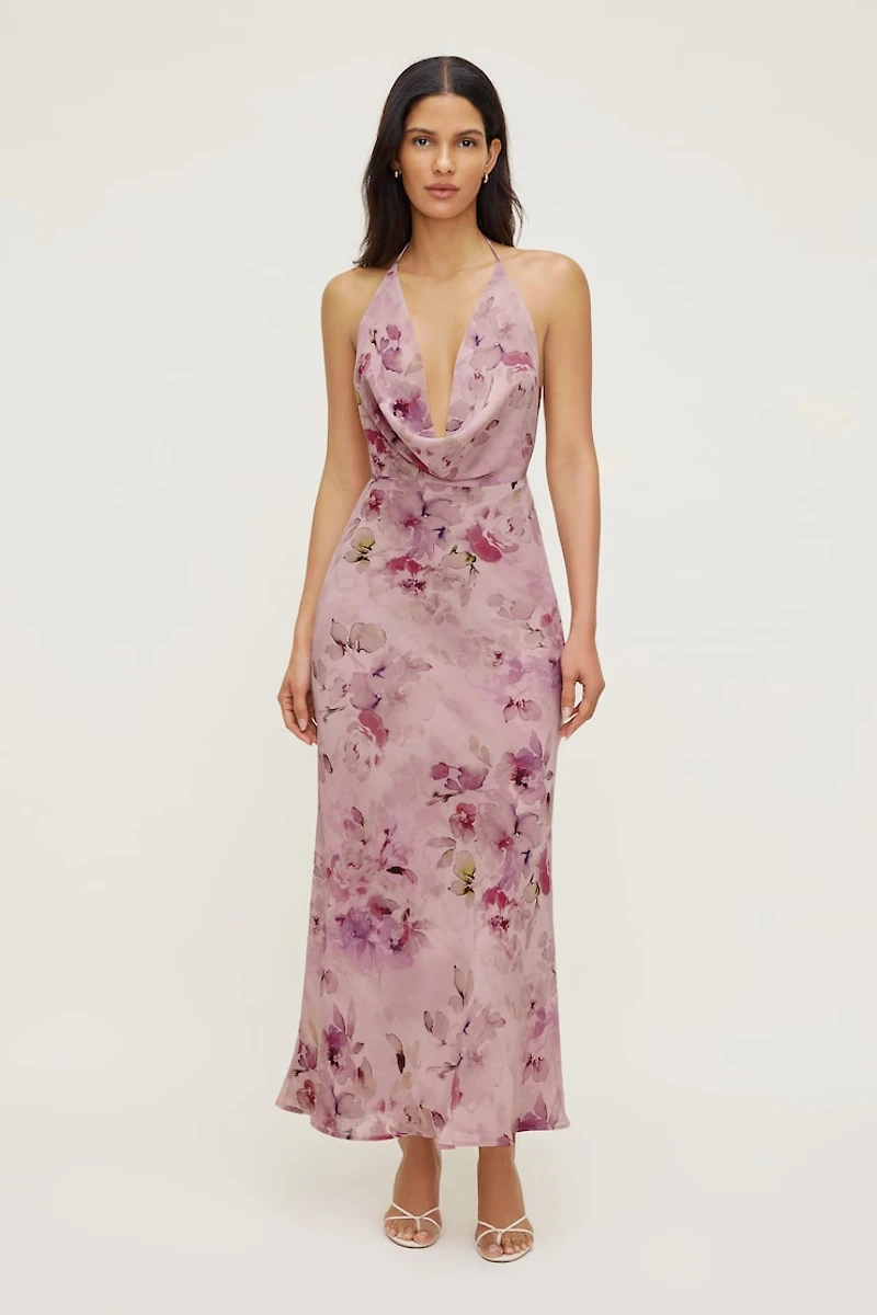 Floral Halter Cowl Neck Maxi Dress