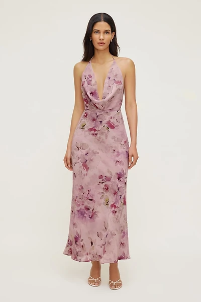 Floral Halter Cowl Neck Maxi Dress