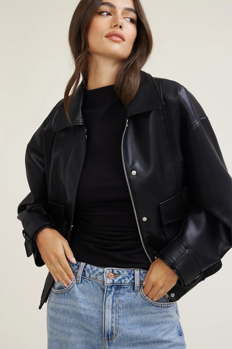 Oversized Faux Leather Aviator Jacket