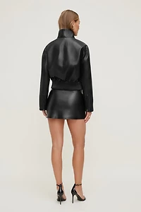 Cropped Faux Leather Bomber Jacket