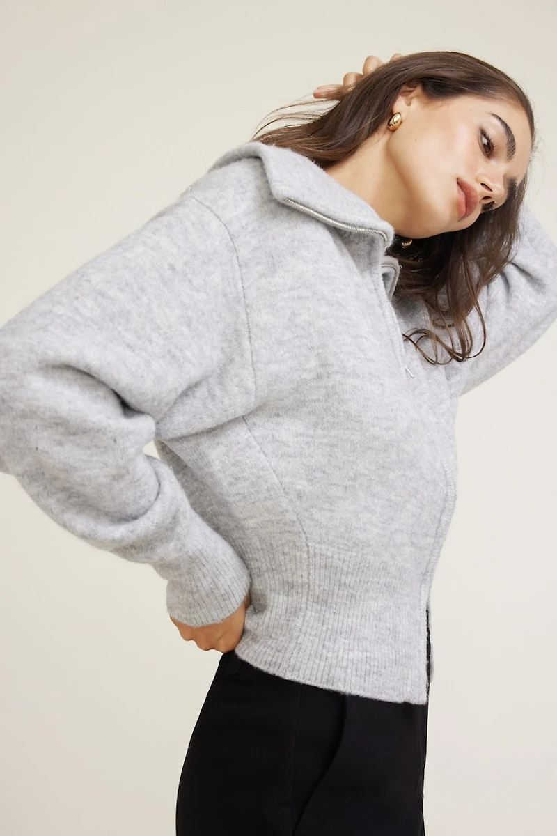 Wide Collar Zip Up Cardigan