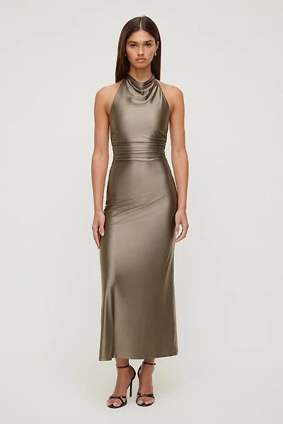 Stretch Satin Halter Maxi Dress