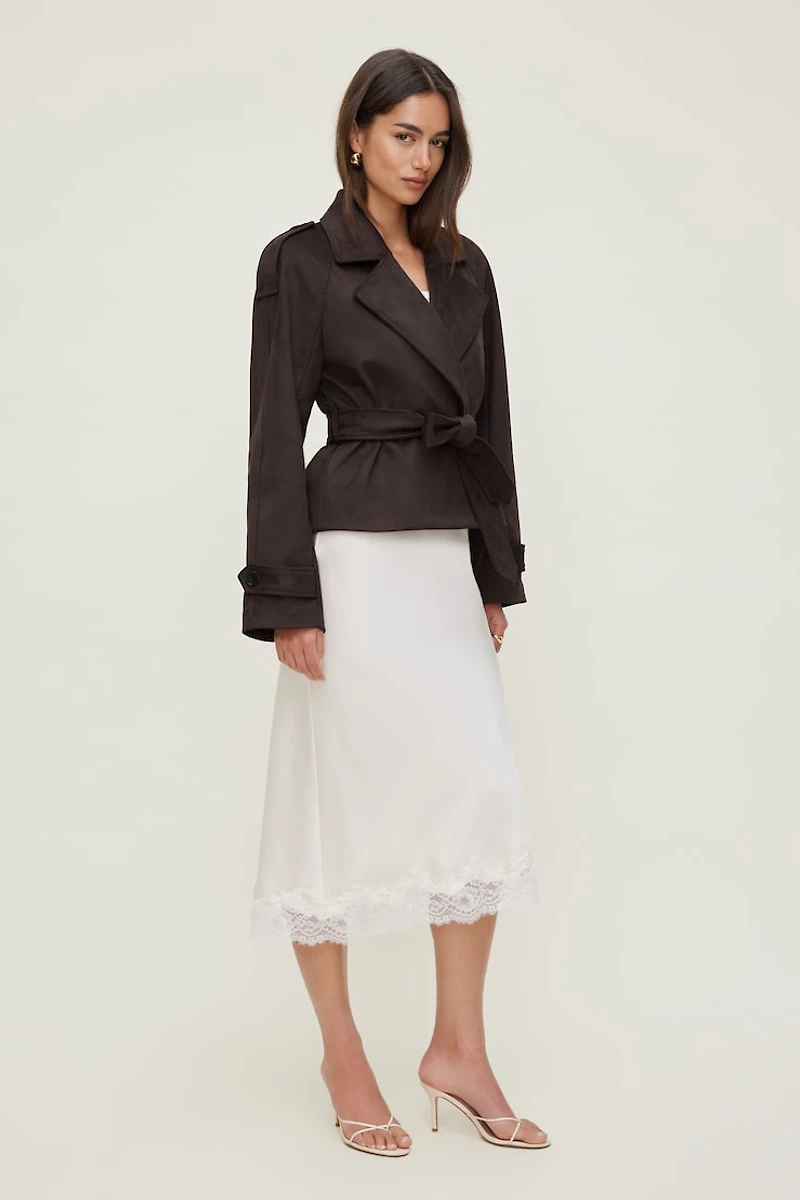 Jupe midi en satin et dentelle